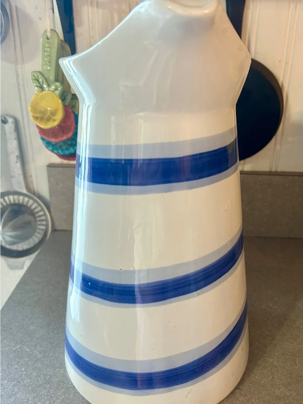 Blue Stripe Ceramic Pitcher - White and Blue